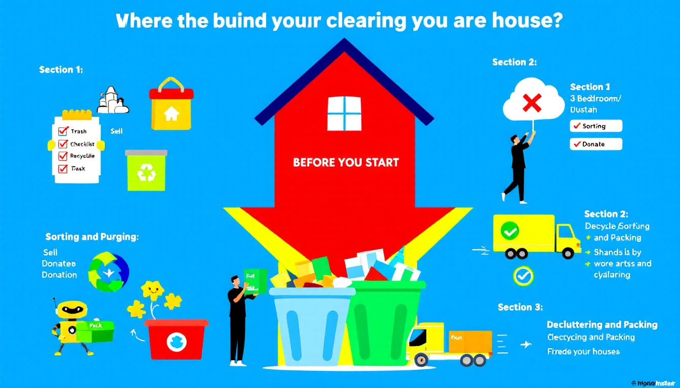 Colorful infographic showing house decluttering steps with icons, text, a robot, and a person.