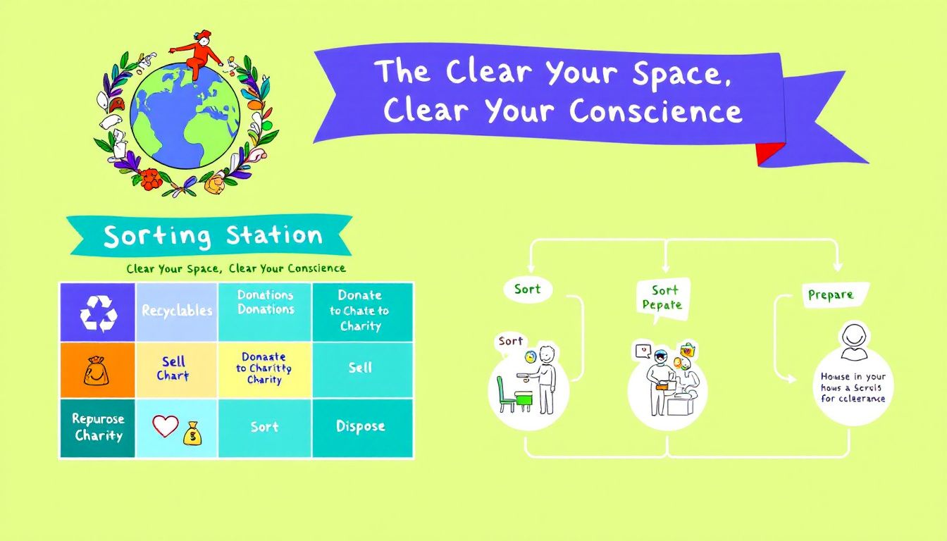 A colorful infographic on recycling and donating with slogans and sorting process diagrams.