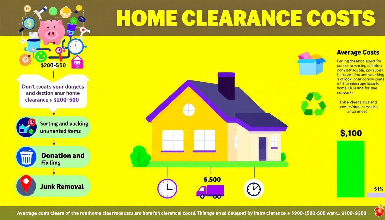 Colorful infographic about home clearance costs with various services and estimated price ranges.