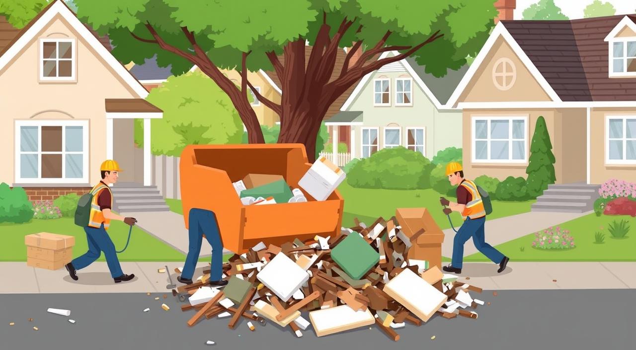 Two workers in safety gear collect debris and waste next to an overloaded dumpster on a residential street with houses and greenery.