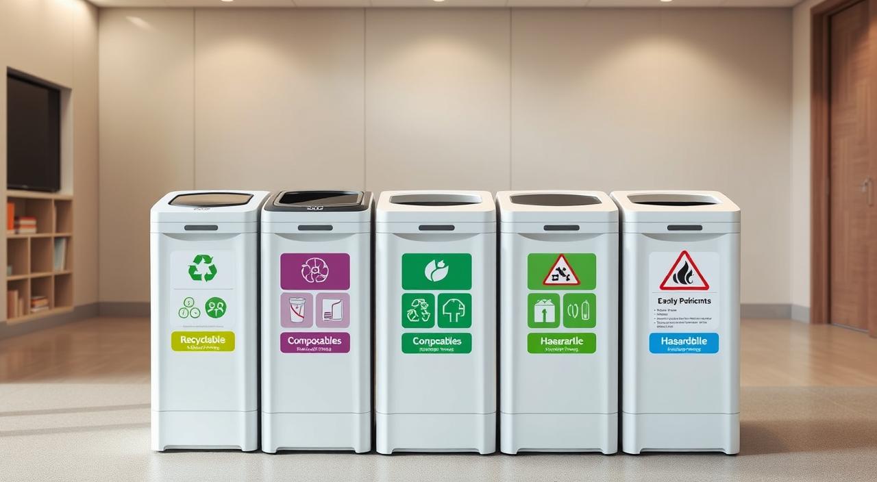 Five labeled trash bins for recyclables, compostables, general waste, hazardous waste, and e-waste, arranged in a modern setting.