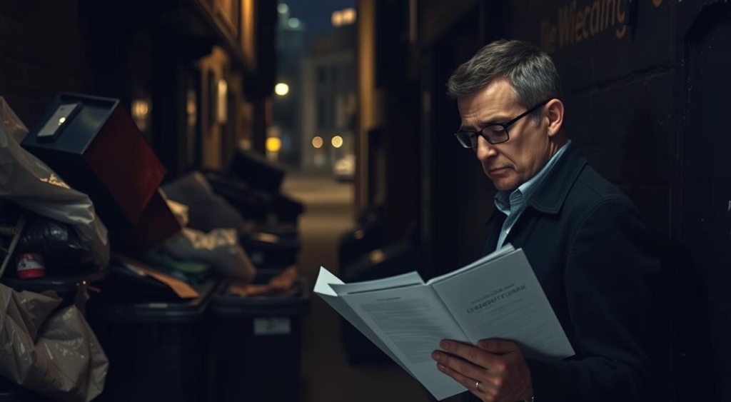 A person reads a book in a dimly lit alley surrounded by trash bins and scattered garbage, with warm lights illuminating the background.