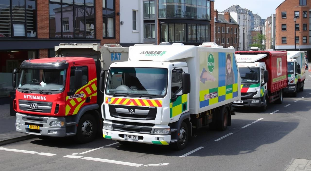 A row of delivery trucks in a city street, featuring various designs and labels, with modern buildings in the background.