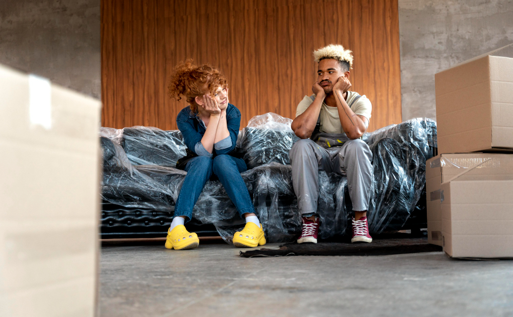 A young woman in a denim outfit and yellow clogs sits next to a man in casual clothes, both looking pensive among moving boxes.
