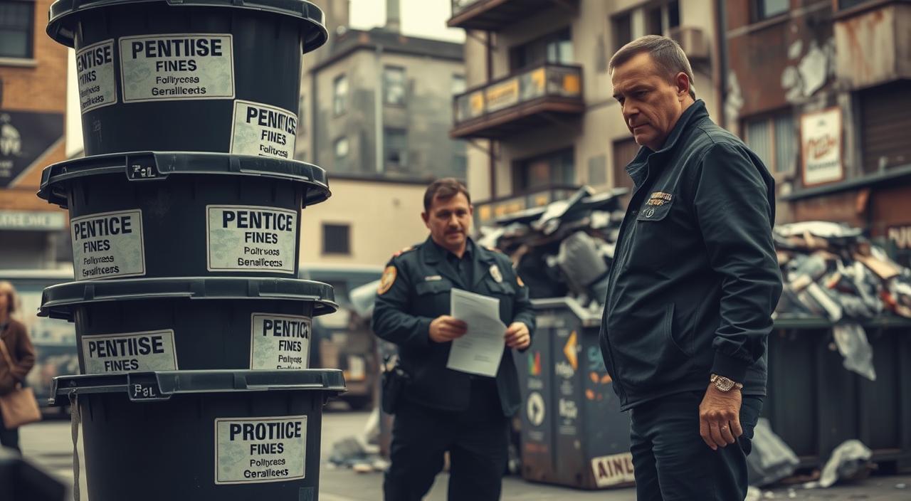 Two uniformed officers stand near stacked green bins labeled "PENTICE Fines" and "PROTICE Fines" in an urban environment.