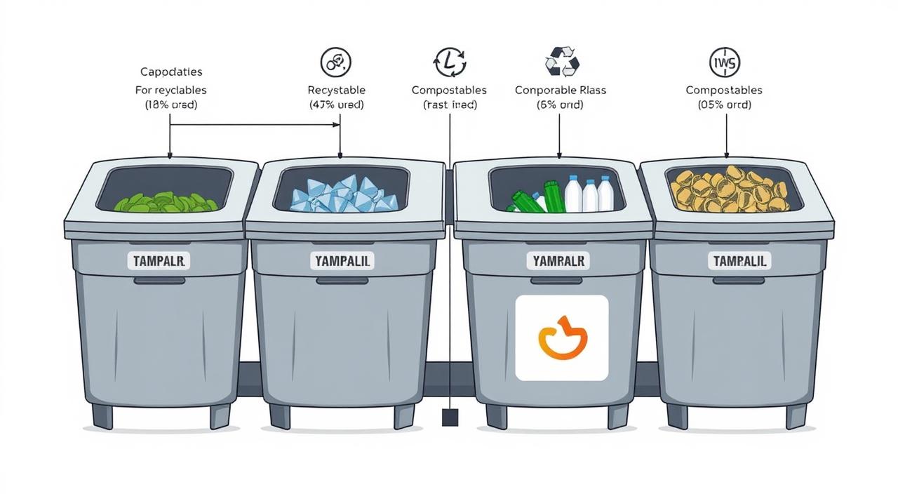 An infographic showing four waste bins: recyclables, compostables, comparable glass, and organic waste, with percentages labeled above each bin.