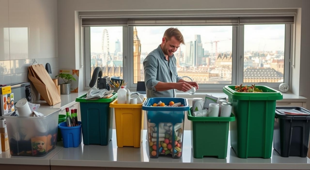 A man organizes recyclable waste in colorful bins at a kitchen counter with a city skyline view in the background.