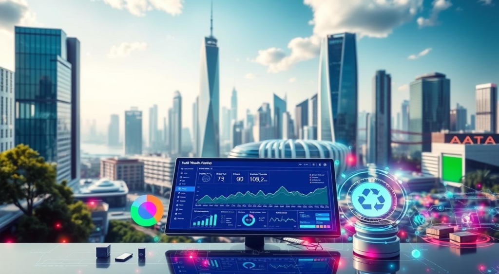 A computer screen displays environmental data and graphs against a futuristic city skyline, highlighting waste management and recycling efforts.